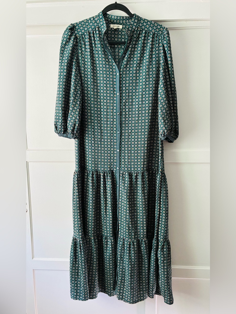 Max Studio Green Patterned Button-Front Tiered Maxi Dress